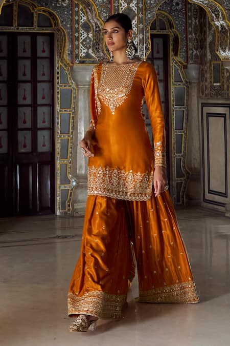 Buy_Lashkaraa_Orange Silk, Crepe Sequins, Zari, Embroidery Sharara Set With Bandhani Dupatta_Online_at_Aza_Fashions