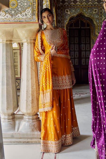 Lashkaraa_Orange Silk, Crepe Sequins, Zari, Embroidery Sharara Set With Bandhani Dupatta_at_Aza_Fashions