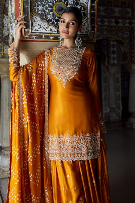 Buy_Lashkaraa_Orange Silk, Crepe Sequins, Zari, Embroidery Sharara Set With Bandhani Dupatta
