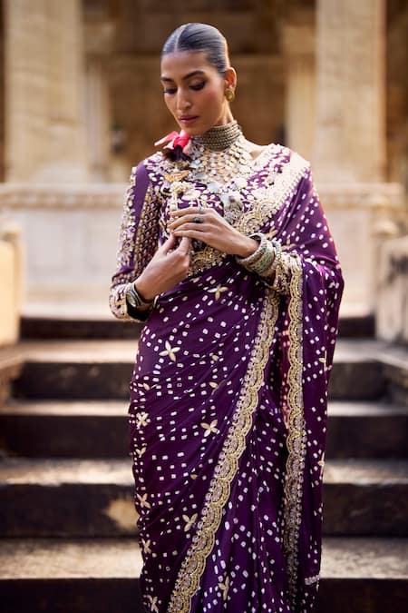 Lashkaraa Purple Modal, Silk Sequins, Zari, Embroidery Bandhani Pre-draped Saree And Blouse Online at Aza Fashions Lashkaraa_Purple Modal, Silk Sequins, Zari, Embroidery Bandhani Pre-draped Saree And Blouse_Online_at_Aza_Fashions