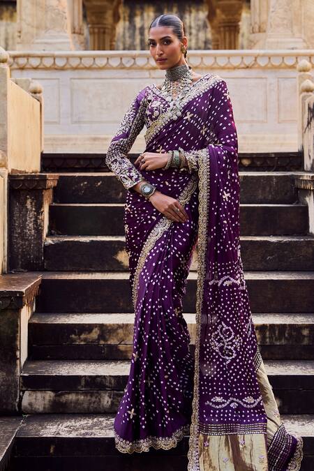Buy Lashkaraa Purple Modal, Silk Sequins, Zari, Embroidery Bandhani Pre-draped Saree And Blouse Online at Aza Fashions Buy_Lashkaraa_Purple Modal, Silk Sequins, Zari, Embroidery Bandhani Pre-draped Saree And Blouse_Online_at_Aza_Fashions
