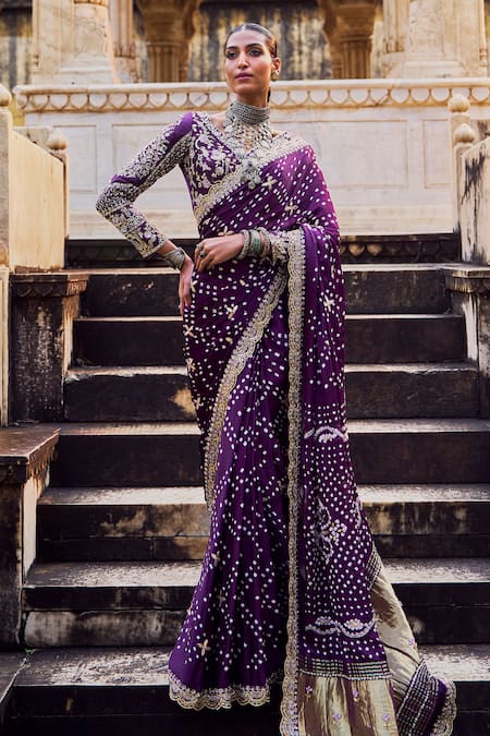 Lashkaraa Purple Modal Sequins, Zari, Embroidery High Bandhani Pre-draped Saree And Blouse 