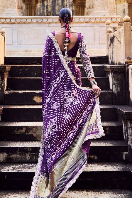 Shop Lashkaraa Purple Modal, Silk Sequins, Zari, Embroidery Bandhani Pre-draped Saree And Blouse at Aza Fashions Shop_Lashkaraa_Purple Modal, Silk Sequins, Zari, Embroidery Bandhani Pre-draped Saree And Blouse_at_Aza_Fashions