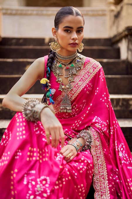Lashkaraa_Fuchsia Modal, Silk Sequins, Zari, Embroidery Bandhani Pre-draped Saree And Blouse_Online_at_Aza_Fashions