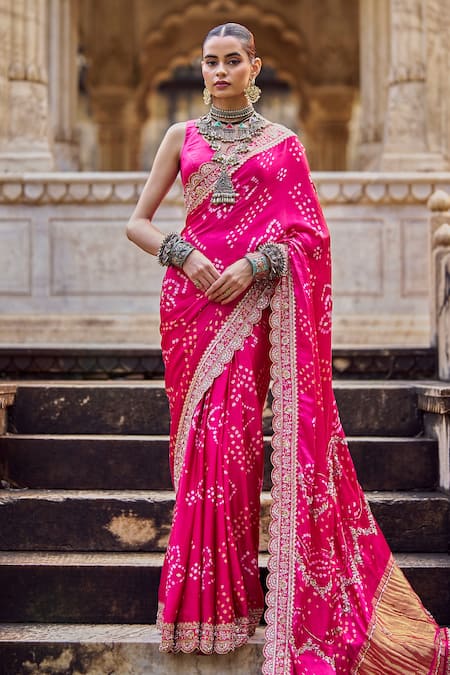 Buy_Lashkaraa_Fuchsia Modal, Silk Sequins, Zari, Embroidery Bandhani Pre-draped Saree And Blouse_Online_at_Aza_Fashions