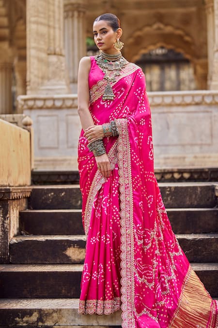 Lashkaraa Fuchsia Modal, Gingham Sequins, Zari, Bandhani Pre-draped Saree And Blouse 