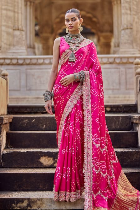 Lashkaraa_Fuchsia Modal, Silk Sequins, Zari, Embroidery Bandhani Pre-draped Saree And Blouse_at_Aza_Fashions
