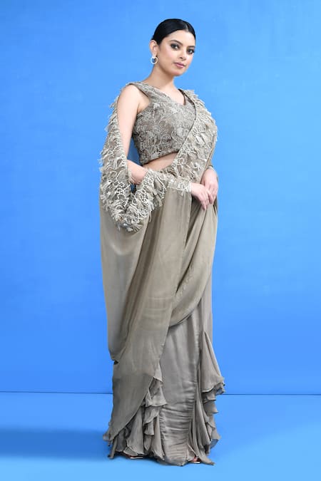 Buy_Sayisha_Gray Chinon, Chiffon, Net Embroidery, Ruffle Pre-draped Saree With Blouse _Online_at_Aza_Fashions