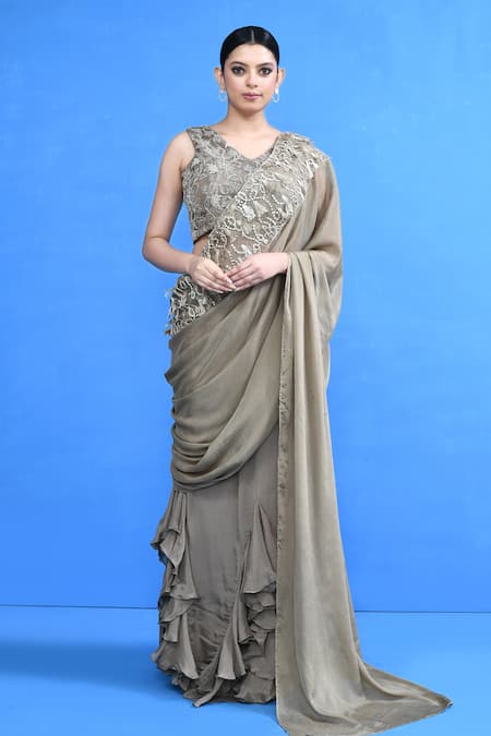 Sayisha Ruffle Pre-Draped Saree With Embroidered Blouse 