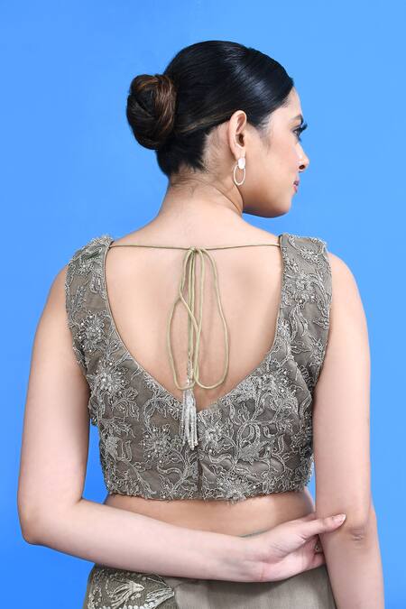 Sayisha_Gray Chinon, Chiffon, Net Embroidery, Ruffle Pre-draped Saree With Blouse _at_Aza_Fashions