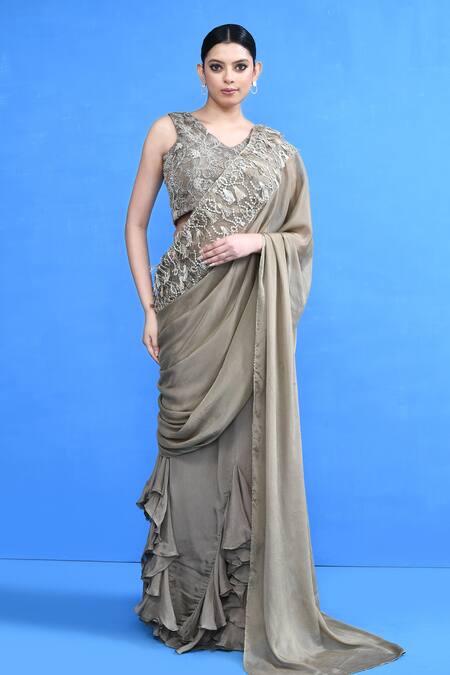 Buy_Sayisha_Gray Chinon, Chiffon, Net Embroidery, Ruffle Pre-draped Saree With Blouse 