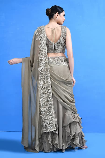 Sayisha Ruffle Pre-Draped Saree With Embroidered Blouse 