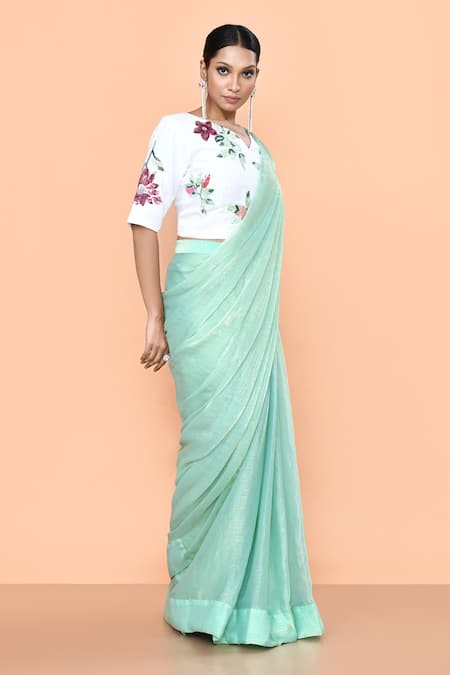 Sayisha_Mint Chiffon, Cotton Embroidery, Sequins Shimmer Pre-draped Saree With Blouse _Online_at_Aza_Fashions