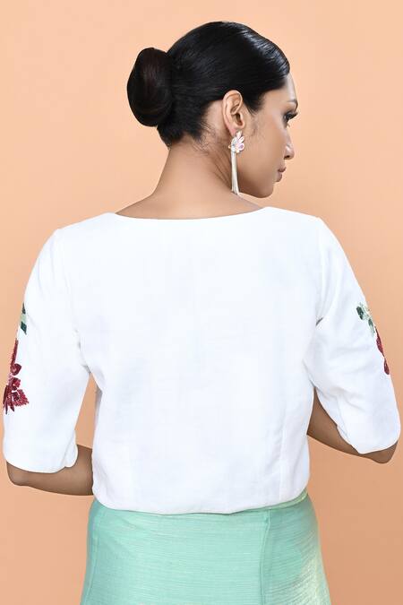 Buy_Sayisha_Mint Chiffon, Cotton Embroidery, Sequins Shimmer Pre-draped Saree With Blouse _Online_at_Aza_Fashions