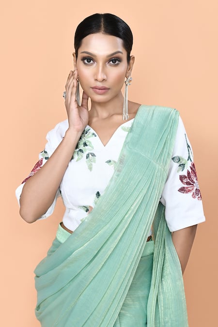 Buy_Sayisha_Mint Chiffon, Cotton Embroidery, Sequins Shimmer Pre-draped Saree With Blouse 