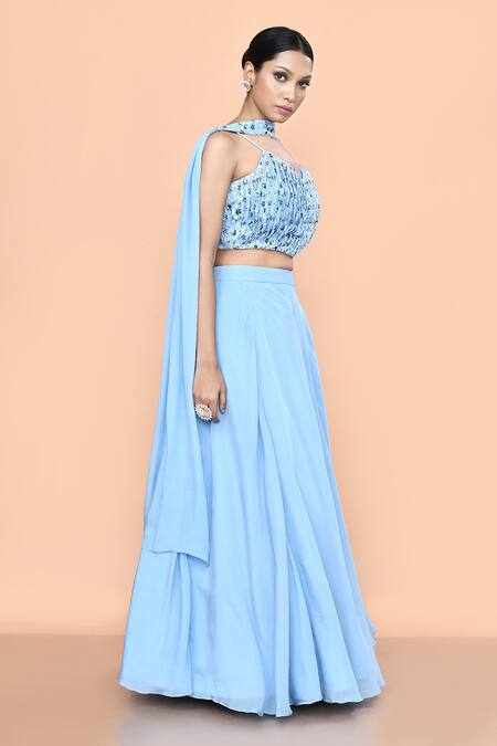Sayisha_Sky Blue Chinon, Chiffon Lace, Embroidery Sweetheart Neck Plain Lehenga Set _Online_at_Aza_Fashions
