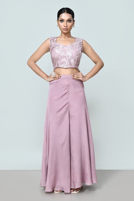 Buy_Sayisha_Lavender Net, Chinon, Chiffon Embroidery Sweetheart Neck Crop Top And Palazzo Set _Online_at_Aza_Fashions