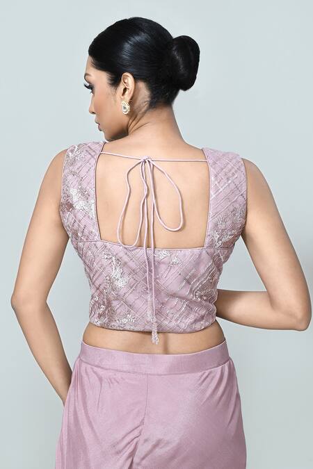 Sayisha_Lavender Net, Chinon, Chiffon Embroidery Sweetheart Neck Crop Top And Palazzo Set _at_Aza_Fashions