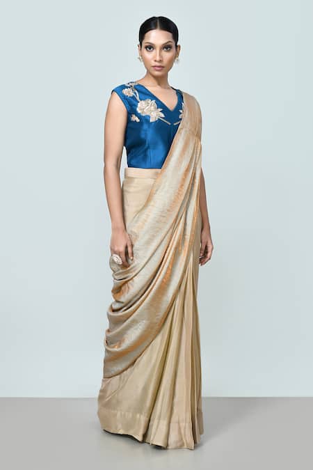 Sayisha_Beige Chinon, Silk Embroidery Sweetheart Neck Solid Pre-draped Saree With Blouse _Online_at_Aza_Fashions