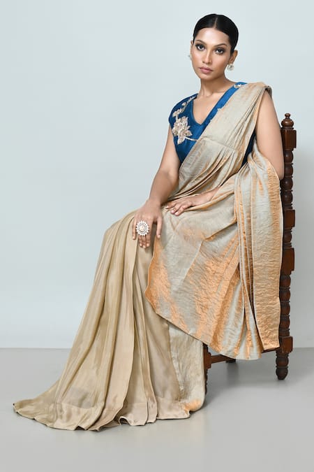 Shop_Sayisha_Beige Chinon, Silk Embroidery Sweetheart Neck Solid Pre-draped Saree With Blouse _Online_at_Aza_Fashions