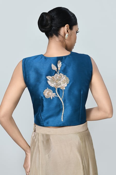 Sayisha_Beige Chinon, Silk Embroidery Sweetheart Neck Solid Pre-draped Saree With Blouse _at_Aza_Fashions