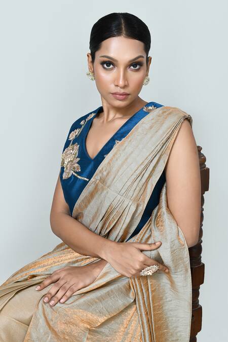Buy_Sayisha_Beige Chinon, Silk Embroidery Sweetheart Neck Solid Pre-draped Saree With Blouse 