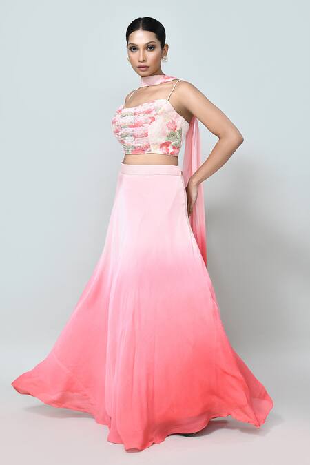 Shop_Sayisha_Peach Chinon, Lace, Chiffon Embroidery Sweetheart Neck Ombre Lehenga Set _Online_at_Aza_Fashions