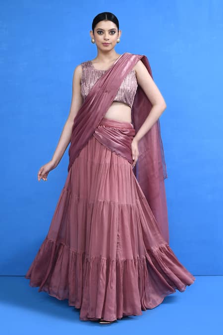 Shop_Sayisha_Pink Chinon, Chiffon, Silk, Net Pre-draped Lehenga Saree With Embellished Blouse _Online_at_Aza_Fashions
