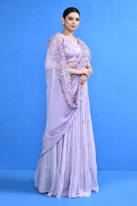 Sayisha_Lavender Chinon, Net Beads, Embroidery, Fringe Sweetheart Tiered Lehenga Set _Online_at_Aza_Fashions