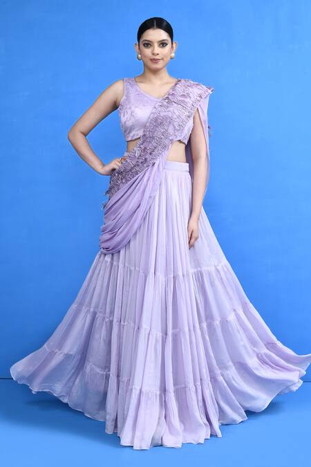 Buy_Sayisha_Lavender Chinon, Net Beads, Embroidery, Fringe Sweetheart Tiered Lehenga Set _Online_at_Aza_Fashions
