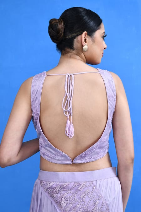 Shop_Sayisha_Lavender Chinon, Net Beads, Embroidery, Fringe Sweetheart Tiered Lehenga Set _Online_at_Aza_Fashions