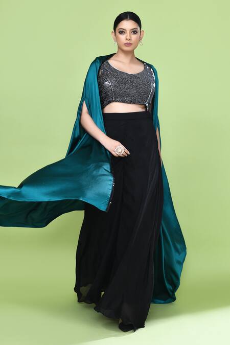 Sayisha_Blue Satin, Chinon Sequins, Embroidery Collared, Solid Cape Palazzo Set _Online_at_Aza_Fashions
