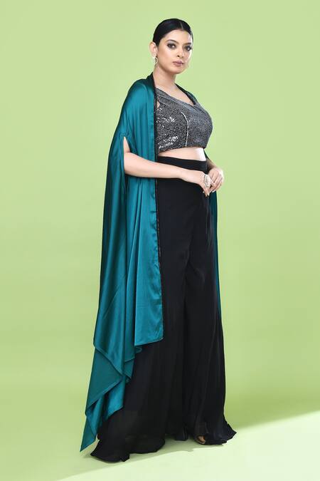 Sayisha_Blue Satin, Chinon Sequins, Embroidery Collared, Solid Cape Palazzo Set _at_Aza_Fashions