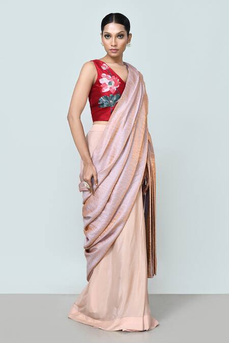 Sayisha_Pink Chinon, Chiffon, Silk Embroidery Metallic Pre-draped Saree With Blouse _Online_at_Aza_Fashions