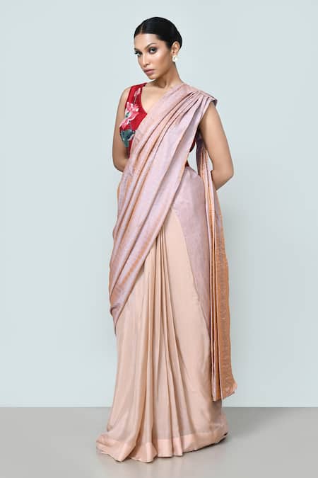 Buy_Sayisha_Pink Chinon, Chiffon, Silk Embroidery Metallic Pre-draped Saree With Blouse _Online_at_Aza_Fashions