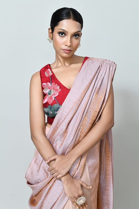 Sayisha_Pink Chinon, Chiffon, Silk Embroidery Metallic Pre-draped Saree With Blouse _at_Aza_Fashions