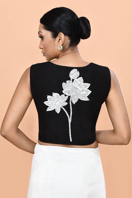 Sayisha_White Chinon, Chiffon, Silk Embroidery, Solid Pre-draped Saree With Blouse _Online_at_Aza_Fashions