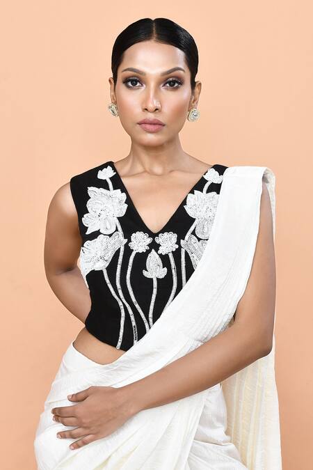 Buy_Sayisha_White Chinon, Chiffon, Silk Embroidery, Solid Pre-draped Saree With Blouse _Online_at_Aza_Fashions