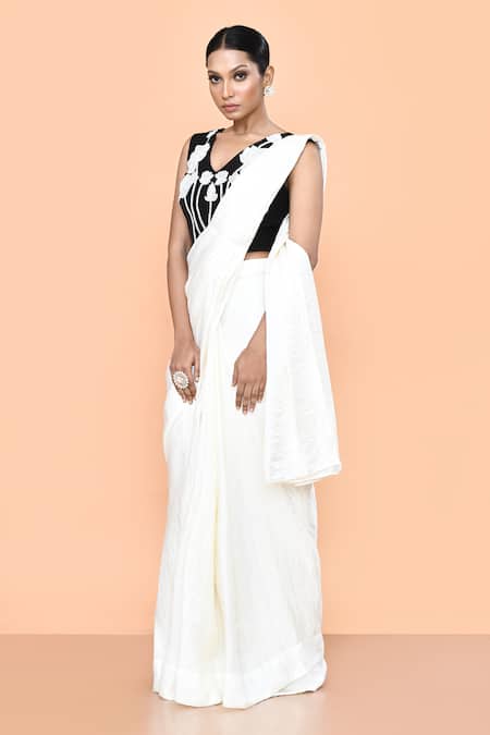 Buy_Sayisha_White Chinon, Chiffon, Silk Embroidery, Solid Pre-draped Saree With Blouse 