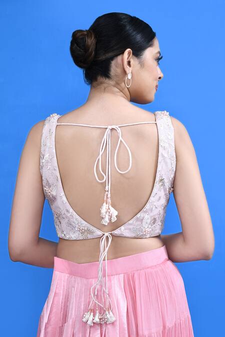 Shop_Sayisha_Pink Chinon, Chiffon, Net Embroidery, Pre-draped Lehenga Saree With Blouse _Online_at_Aza_Fashions