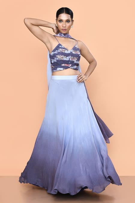 Sayisha_Blue Chinon, Chiffon, Lace V-neck And Purple Ombre Lehenga Set _Online_at_Aza_Fashions