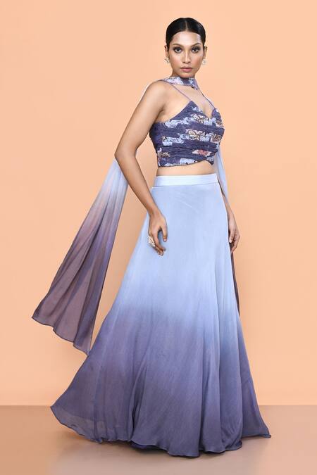 Buy_Sayisha_Blue Chinon, Chiffon, Lace V-neck And Purple Ombre Lehenga Set _Online_at_Aza_Fashions