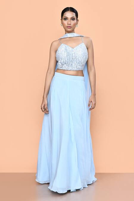 Buy_Sayisha_Sky Blue Chinon, Chiffon Embroidery Sweetheart Neck Solid Lehenga Set _Online_at_Aza_Fashions