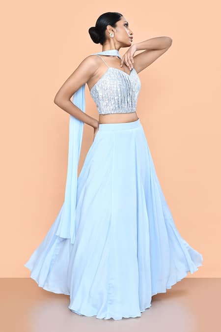 Buy_Sayisha_Sky Blue Chinon, Chiffon Embroidery Sweetheart Neck Solid Lehenga Set 