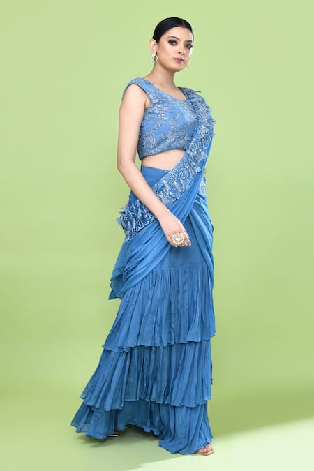 Sayisha_Blue Chinon, Net Embroidery Round Neck Ruffle Pre-draped Saree With Blouse _Online_at_Aza_Fashions