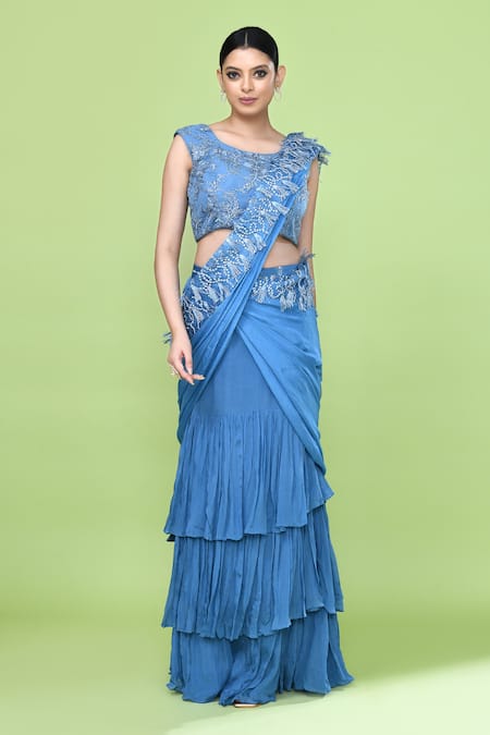 Shop_Sayisha_Blue Chinon, Net Embroidery Round Neck Ruffle Pre-draped Saree With Blouse _Online_at_Aza_Fashions
