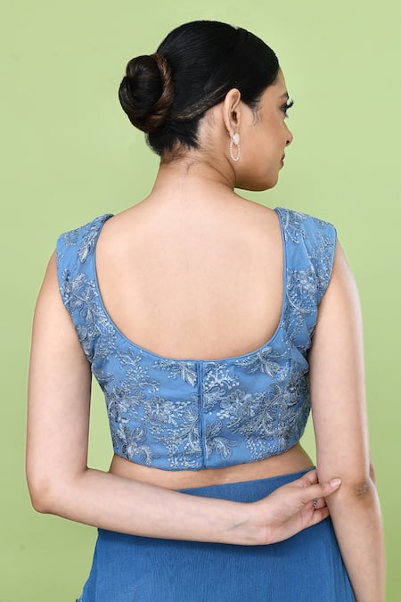 Sayisha_Blue Chinon, Net Embroidery Round Neck Ruffle Pre-draped Saree With Blouse _at_Aza_Fashions