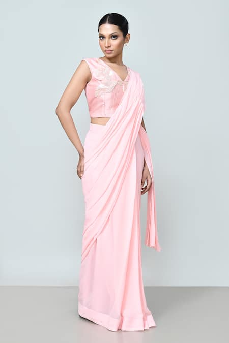 Sayisha_Pink Georgette, Silk Embroidery, Beads Pre-draped Saree With Embellished Blouse _Online_at_Aza_Fashions