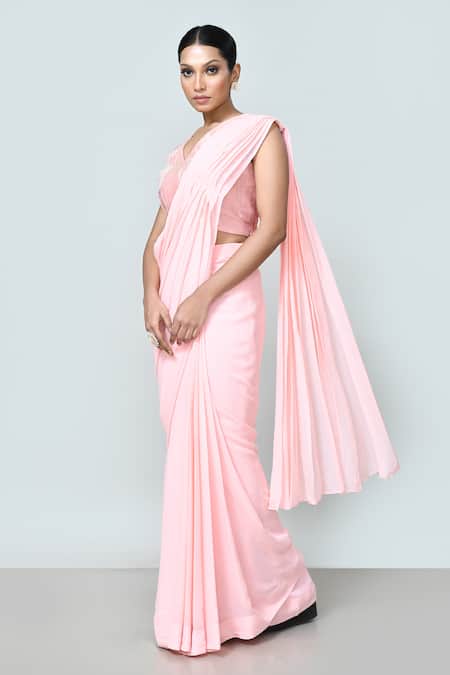 Buy_Sayisha_Pink Georgette, Silk Embroidery, Beads Pre-draped Saree With Embellished Blouse _Online_at_Aza_Fashions