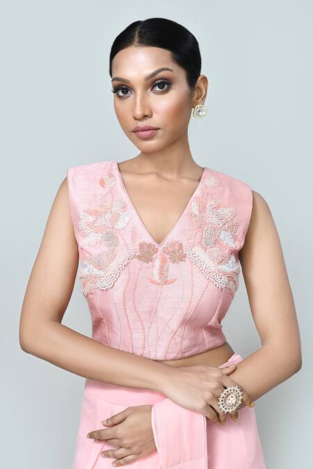 Sayisha_Pink Georgette, Silk Embroidery, Beads Pre-draped Saree With Embellished Blouse _at_Aza_Fashions
